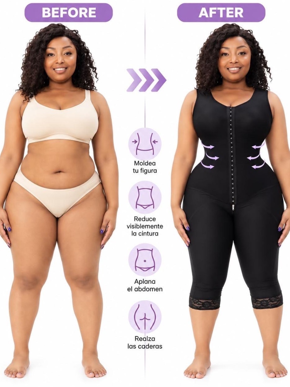 Plus Size Black Full-Body Shapewear Bodysuit with Front Hook Closure